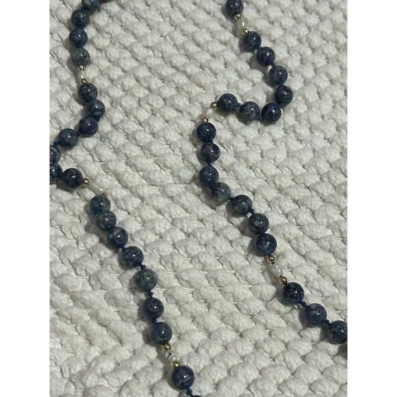 Blue Stone Bead Necklace With Fresh Water Pearl Accents 36” - Picture 3 of 6